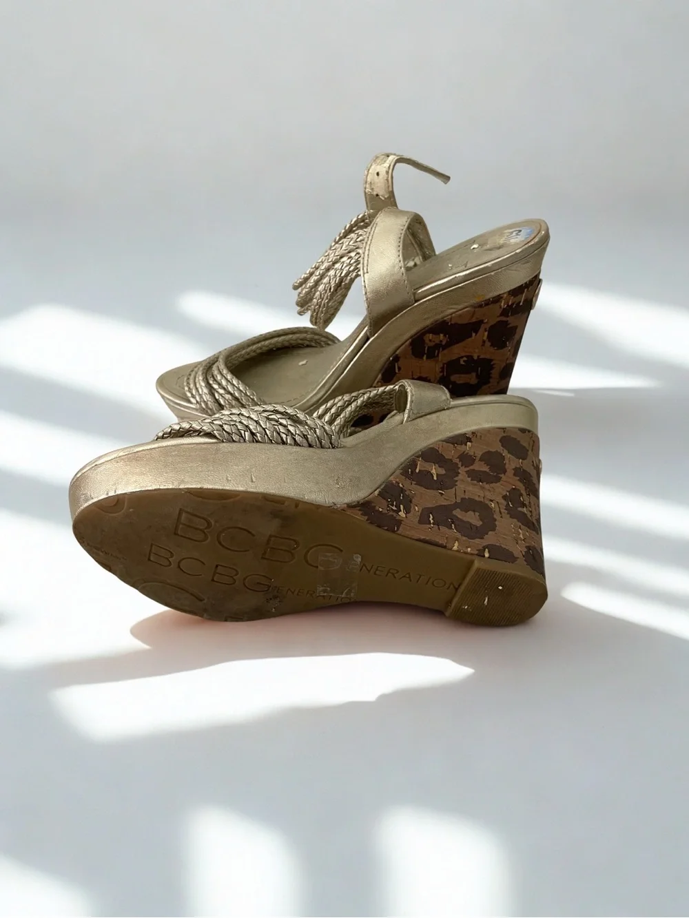 Gianni Bini Metallic Gold Braided Leopard Wedge Sandals